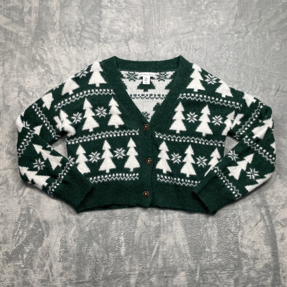 London Kaye Cardigan Sweater Women Medium Green Christmas Tree Snowflake Cropped